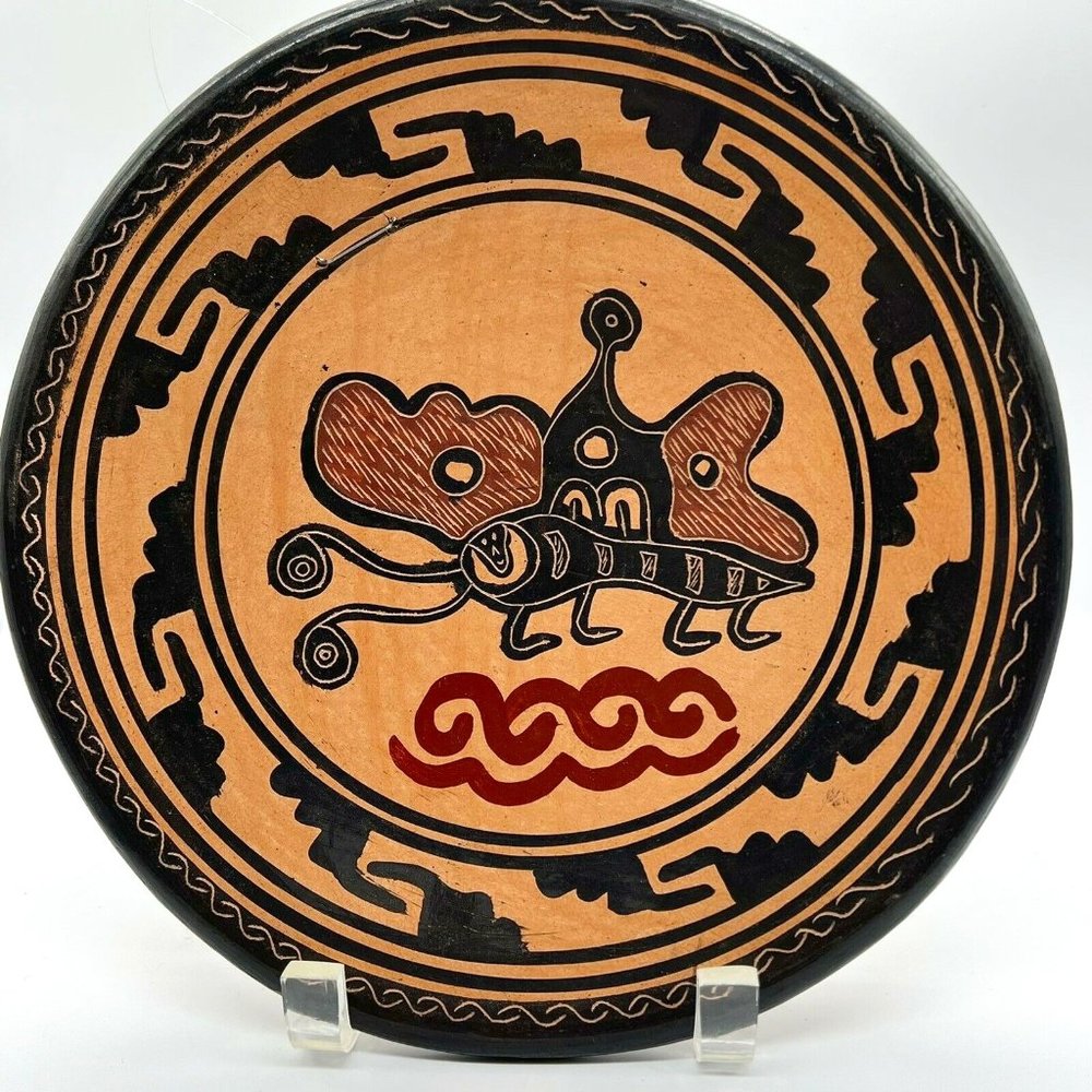 Primitive Terracotta Bowl Black Paint Caterpillar 9.5” Wall Decor